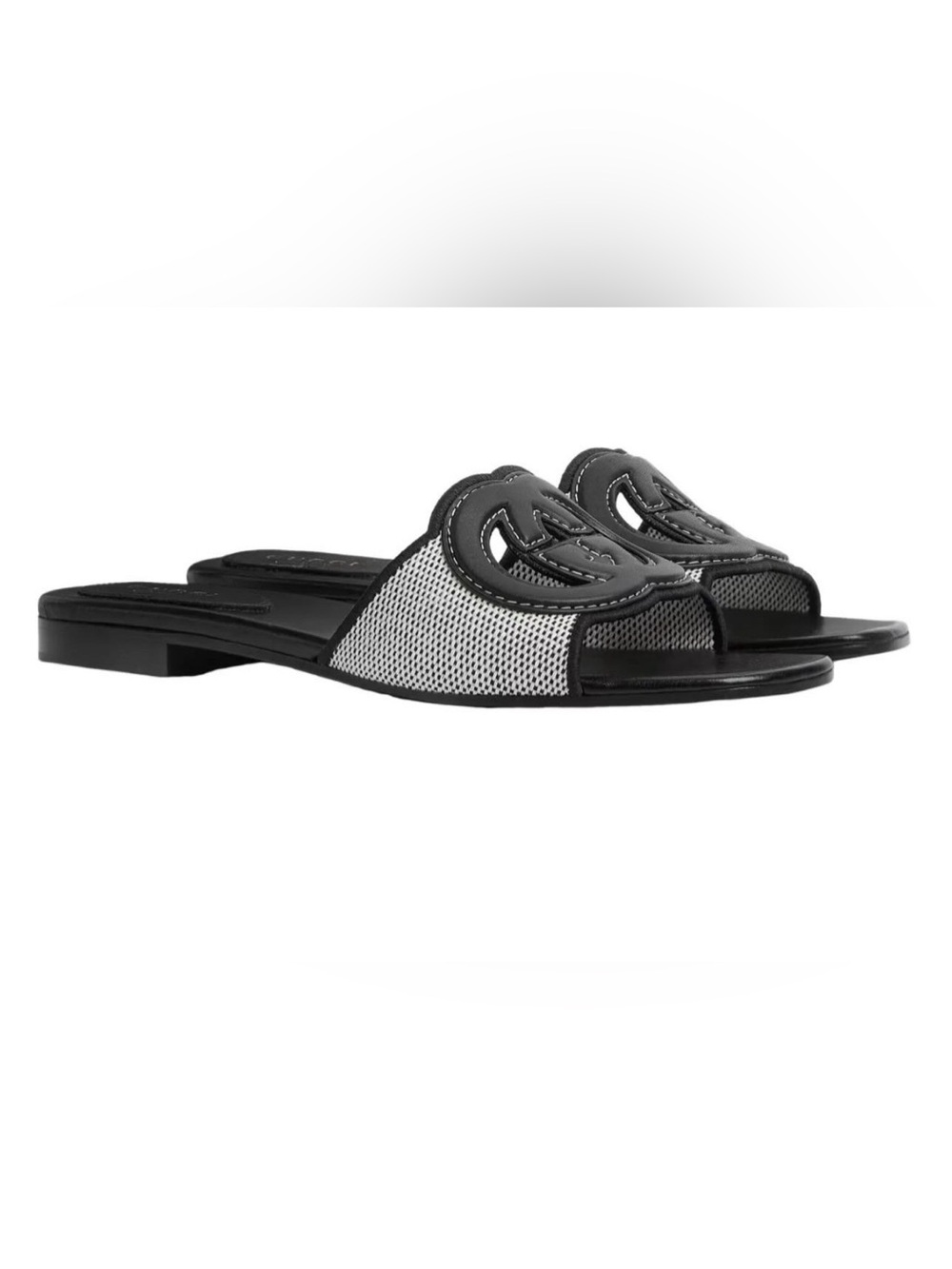 Gucci Calfskin Canvas Interlocking G Cut Out Slide Sandals 39.5 Natural Black